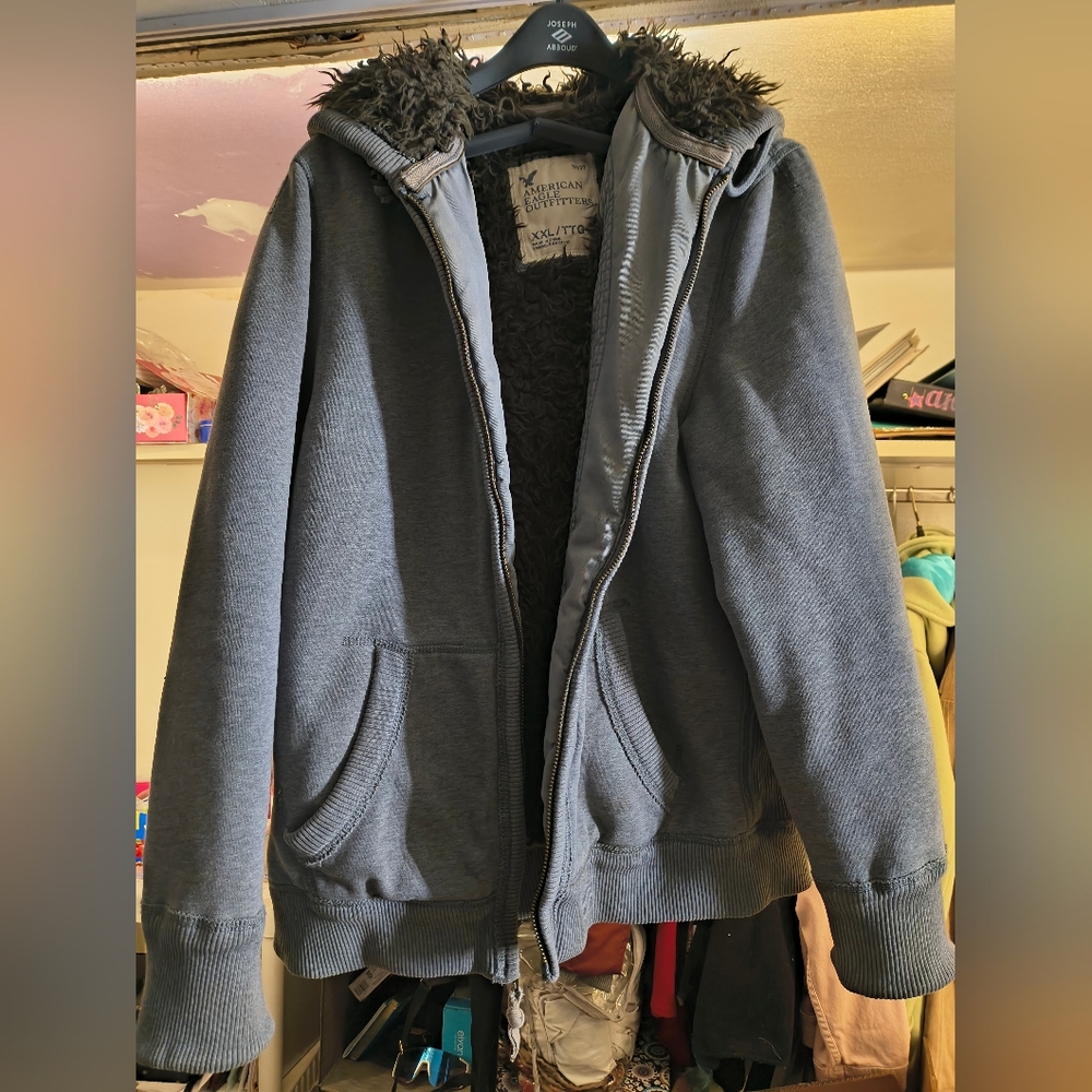 American Eagle Outfitters Gray Hoodie Zipup Jacket with Faux Fur Trim